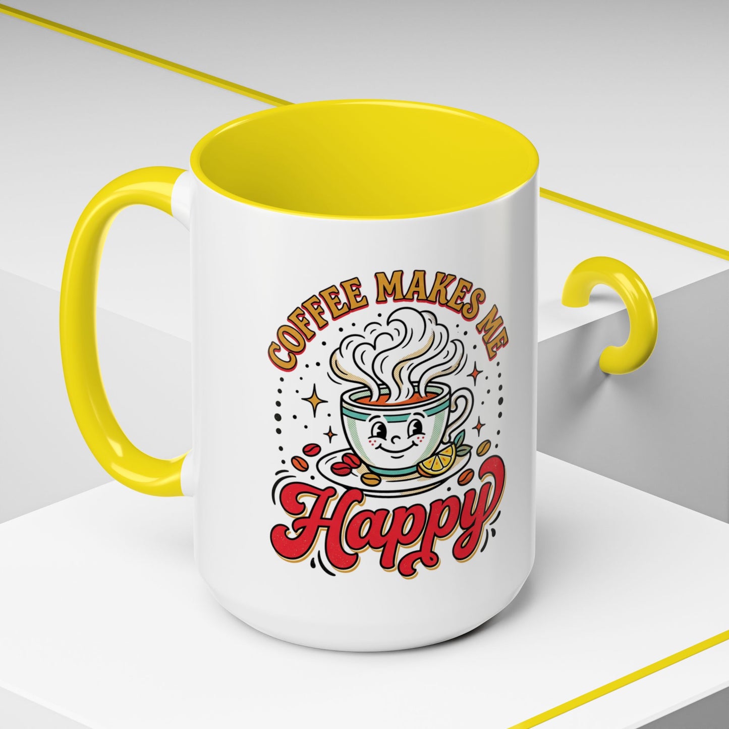 Coffee Mug — "Coffee Makes Me Happy" Cute Retro Accent Mug (11/15oz)
