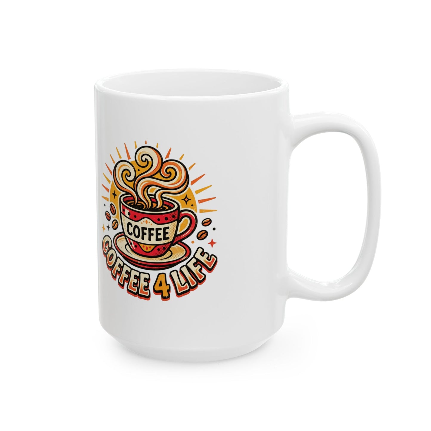 Coffee Mug - Retro 'Coffee 4 Life' Ceramic Mug, 11oz & 15oz