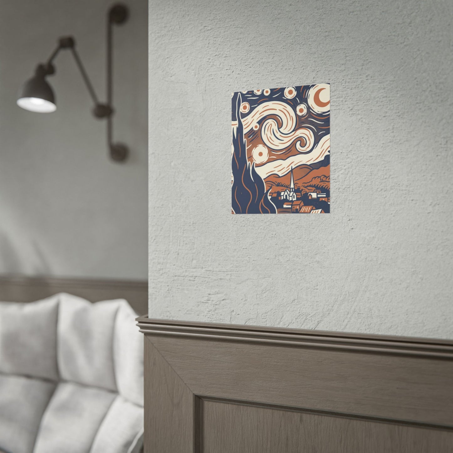 Starry Night-Inspired Rolled Poster — Vintage Blue & Tan Landscape Art Print