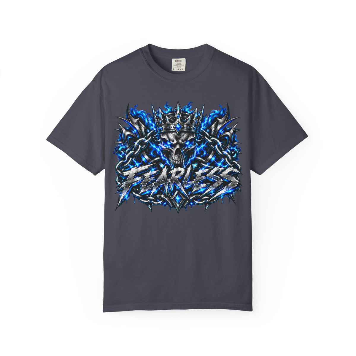 Skull Throne Graphic T-Shirt — Blue Lightning Heavy Metal Tee