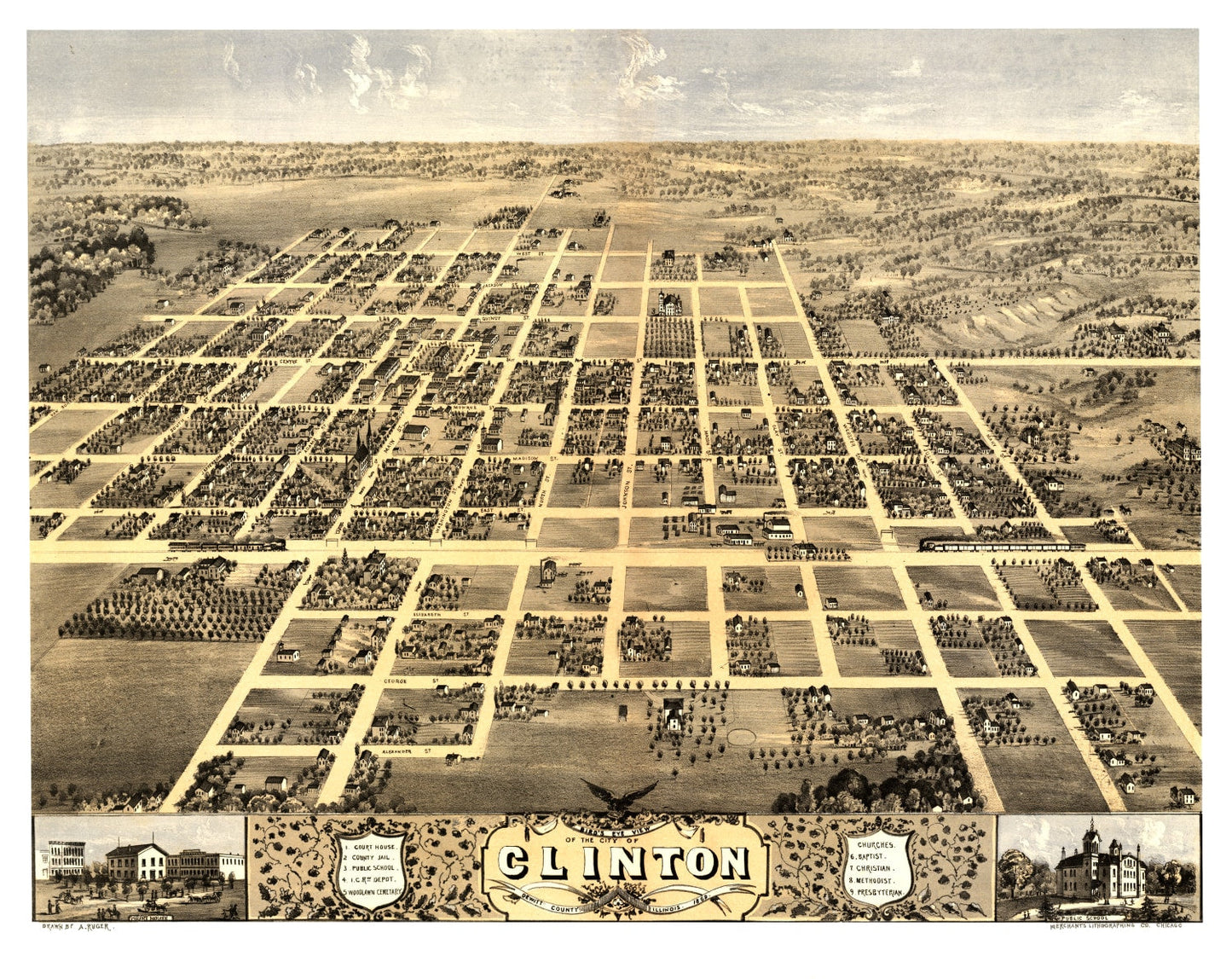 Vintage Map of Clinton, Illinois 1869