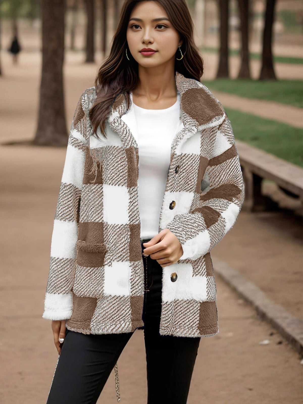 Women's Plaid Plush Button-Front Coat with Pockets