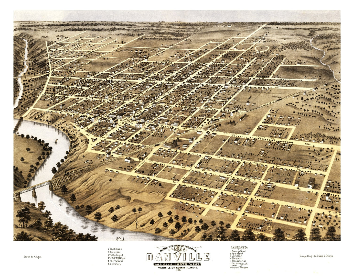 Vintage Map of Danville, Illinois 1869