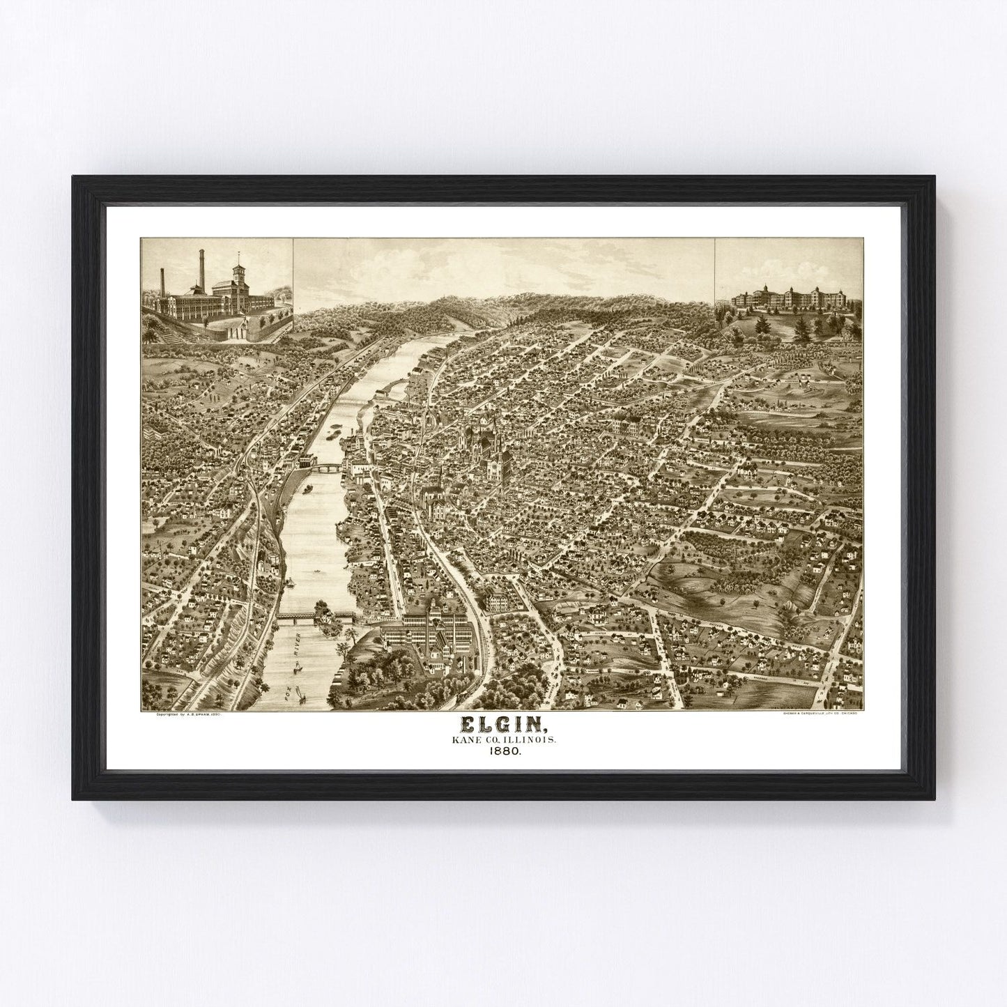 Vintage Map of Elgin, Illinois 1880