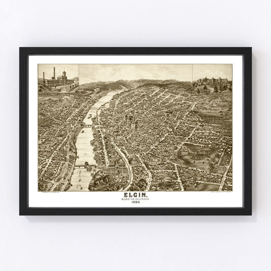Vintage Map of Elgin, Illinois 1880
