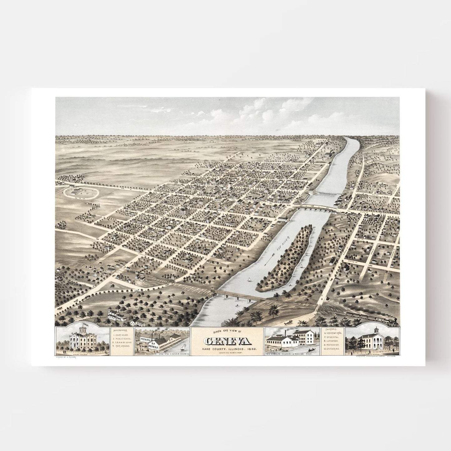 Vintage Map of Geneva, Illinois 1869