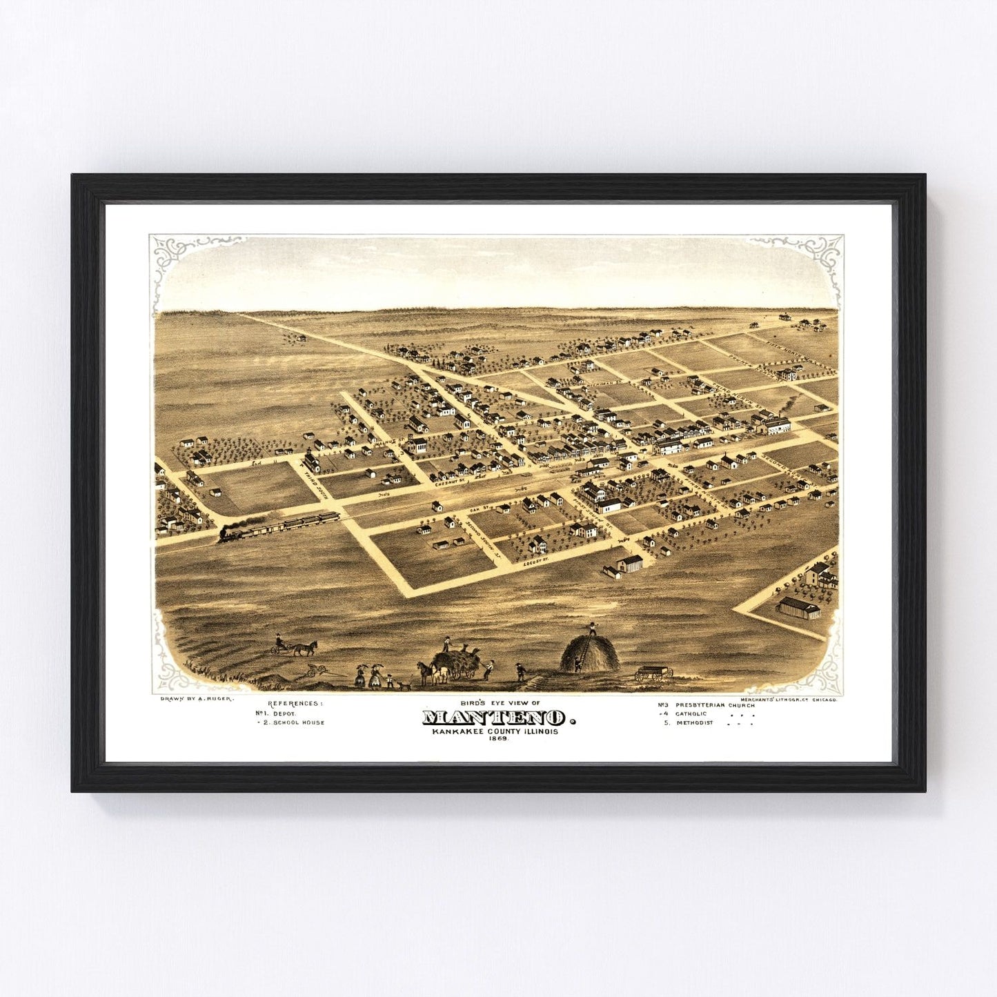 Vintage Map of Manteno, Illinois 1869