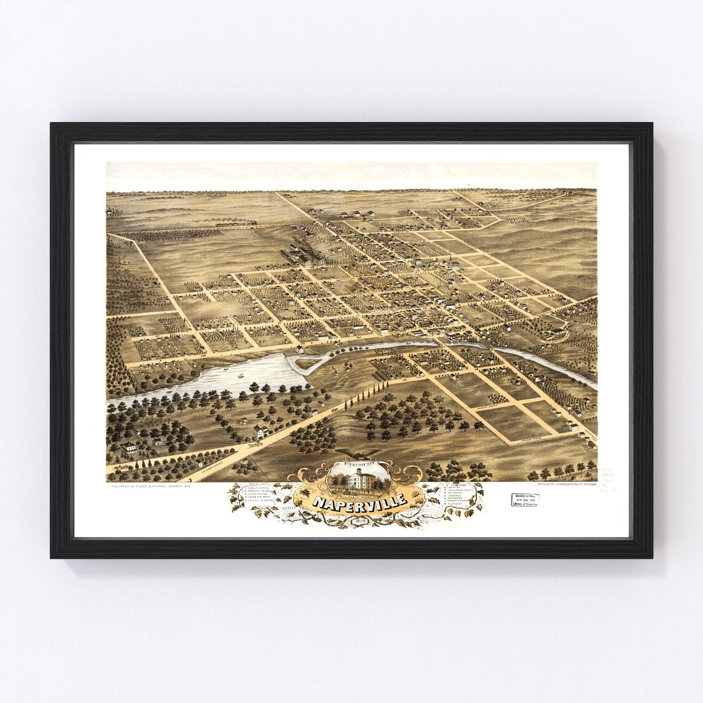 Vintage Map of Naperville, Illinois 1869