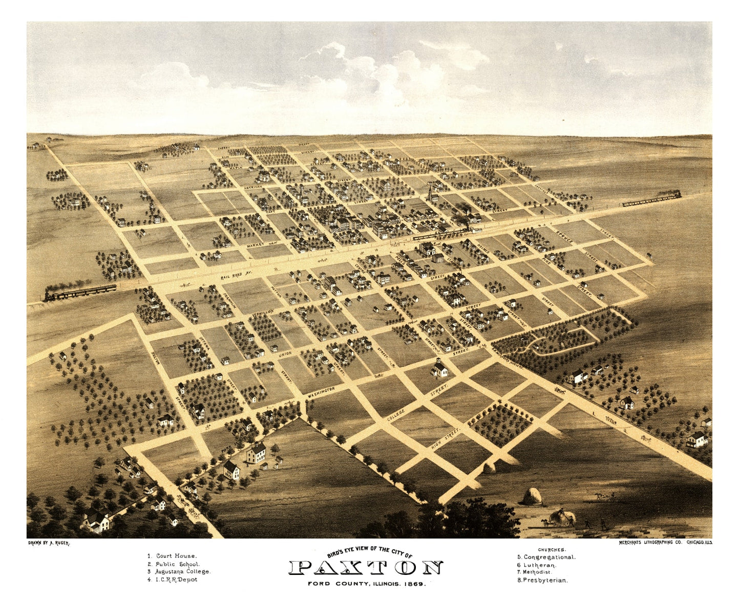 Vintage Map of Paxton, Illinois 1869