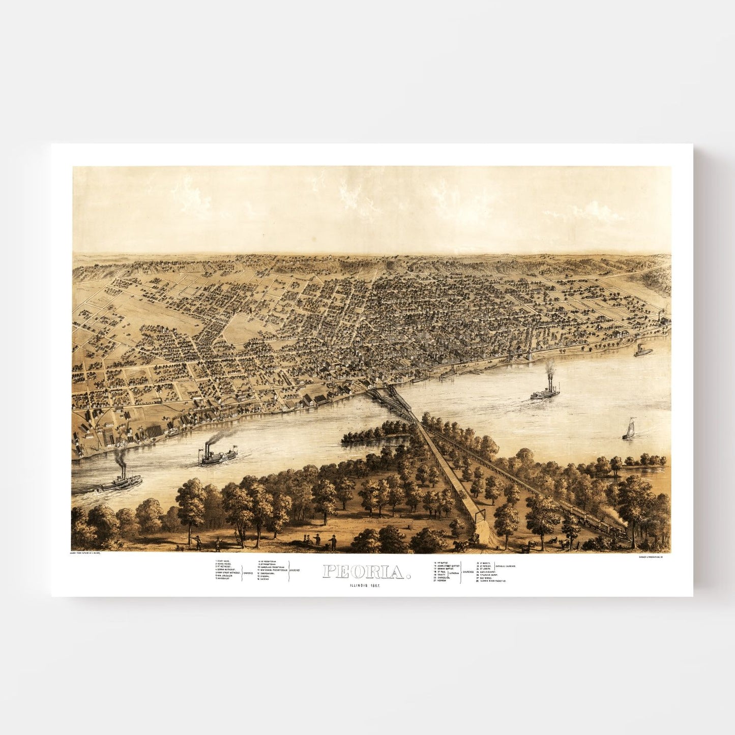 Vintage Map of Peoria, Illinois 1867