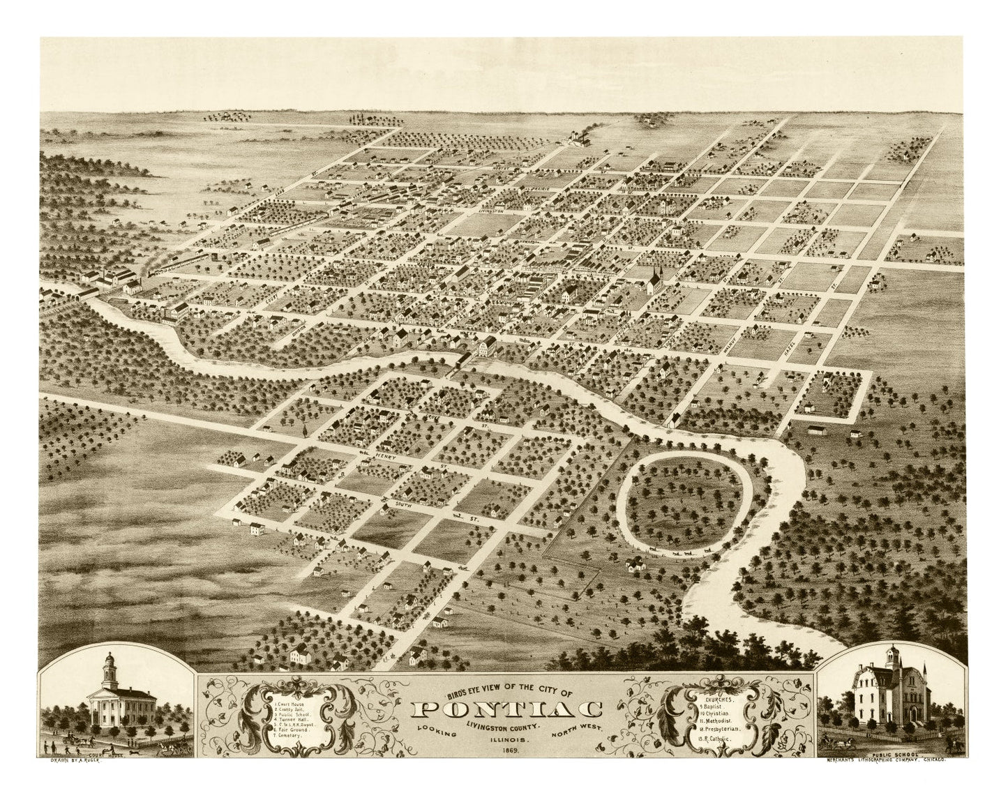 Vintage Map of Pontiac, Illinois 1869