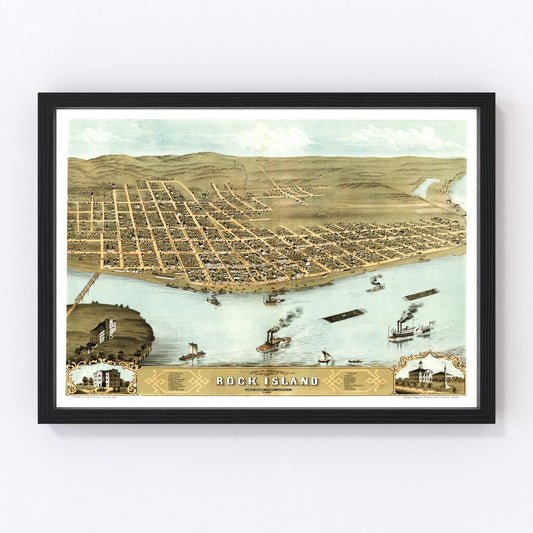 Vintage Map of Rock Island, Illinois 1869