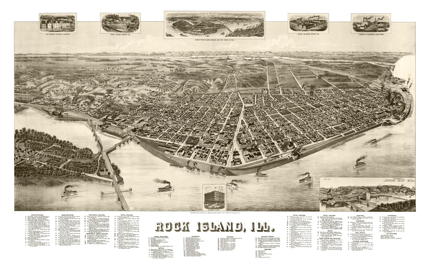 Vintage Map of Rock Island, Illinois 1889
