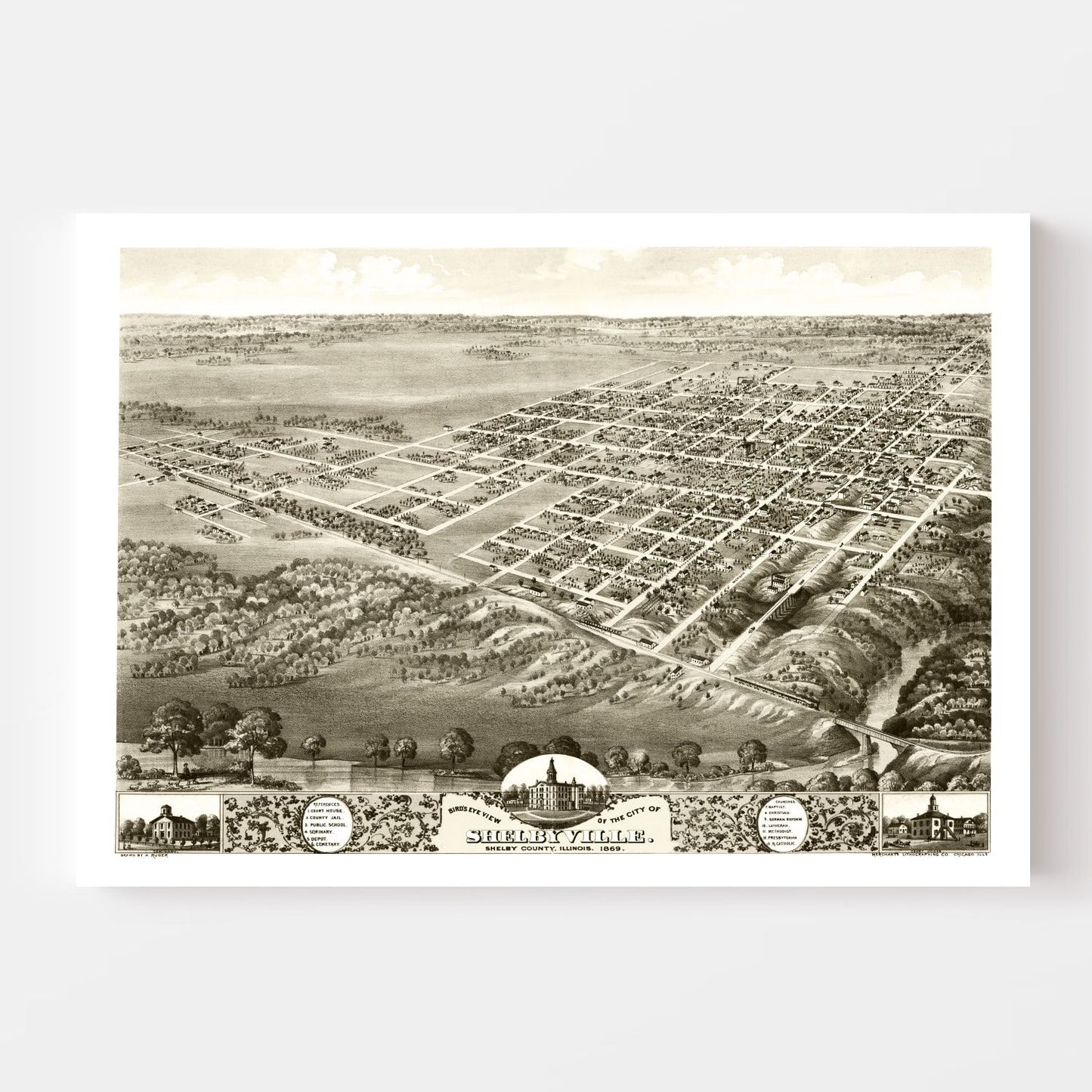 Vintage Map of Shelbyville, Illinois 1869