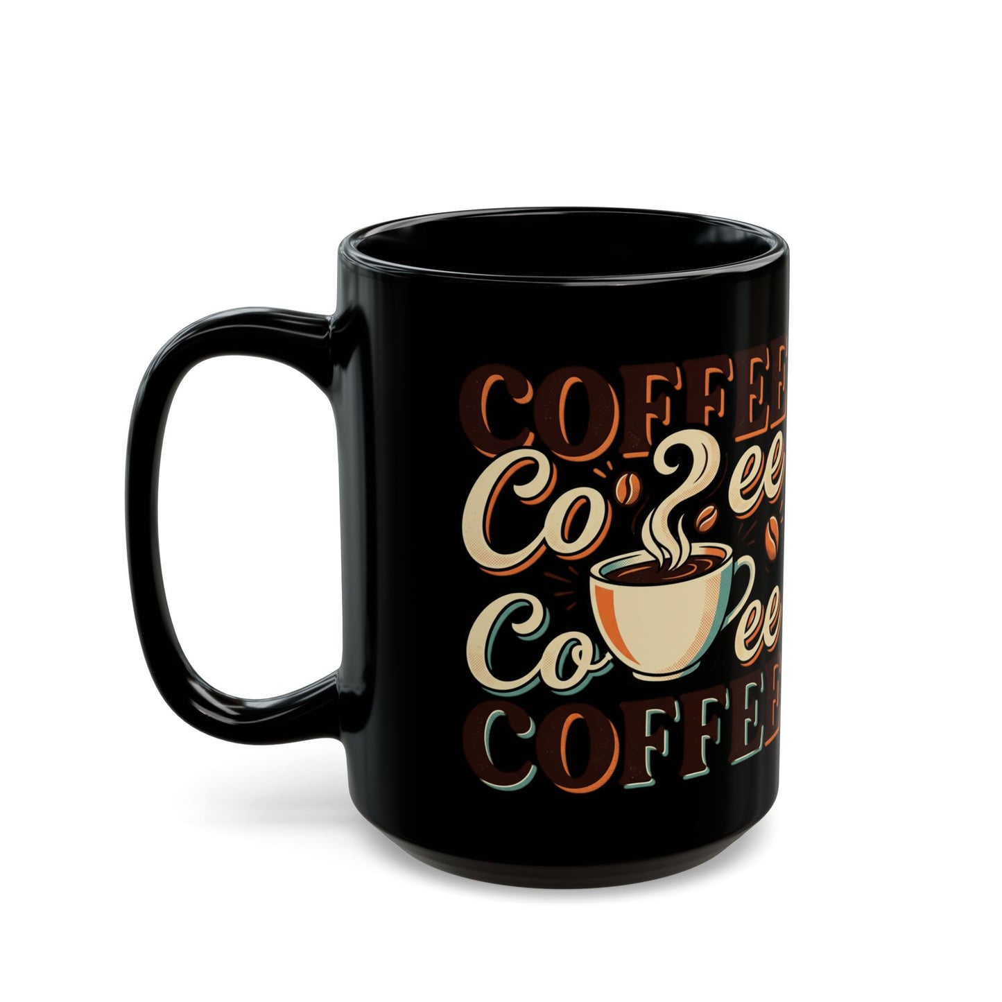 Coffee Lovers Black Mug — Retro 'Coffee' Typography with Steaming Cup (11oz & 15oz)
