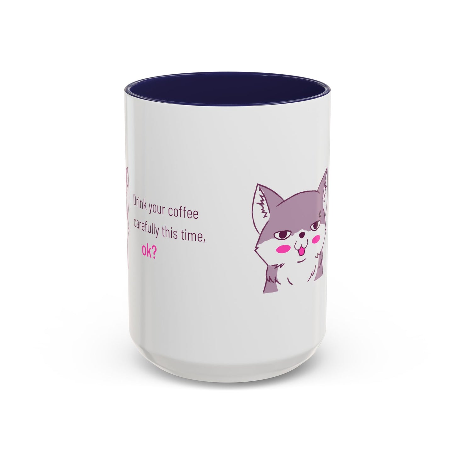 Accent Coffee Mug — Cute Shy Fox Design "Drink your coffee carefully this time, ok?"