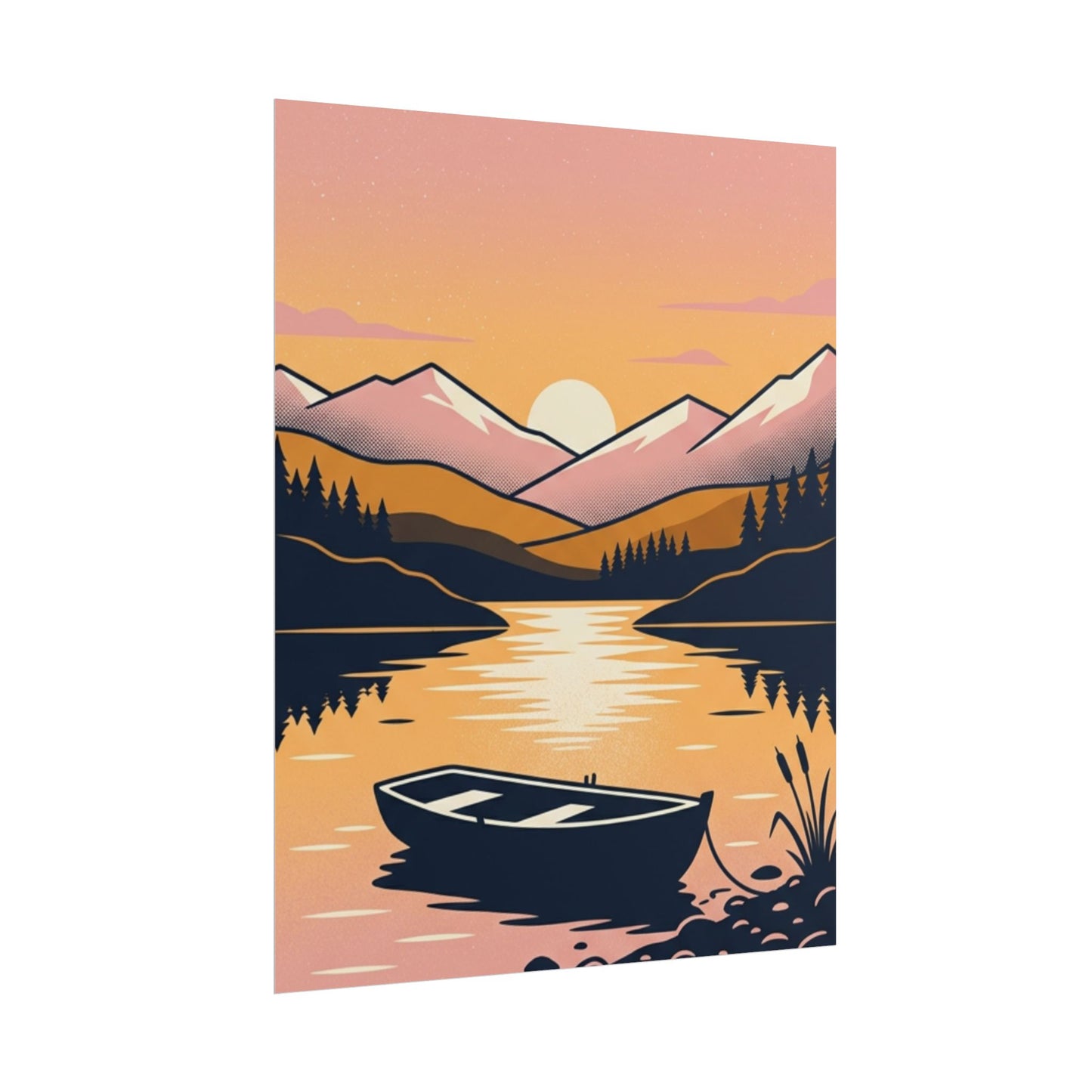 Sunset Lake Boat Poster — Scenic Mountain Landscape Wall Art