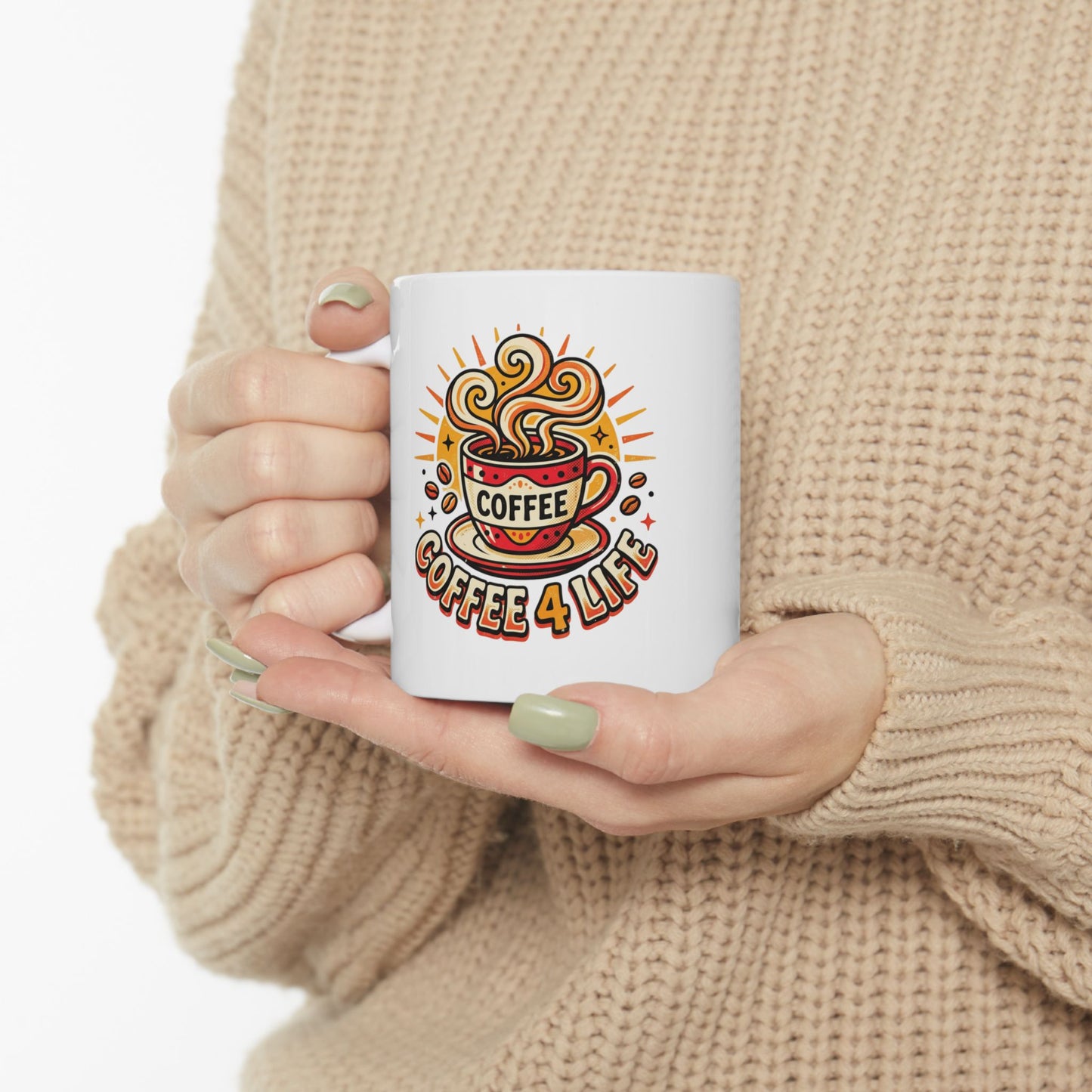 Coffee Mug - Retro 'Coffee 4 Life' Ceramic Mug, 11oz & 15oz
