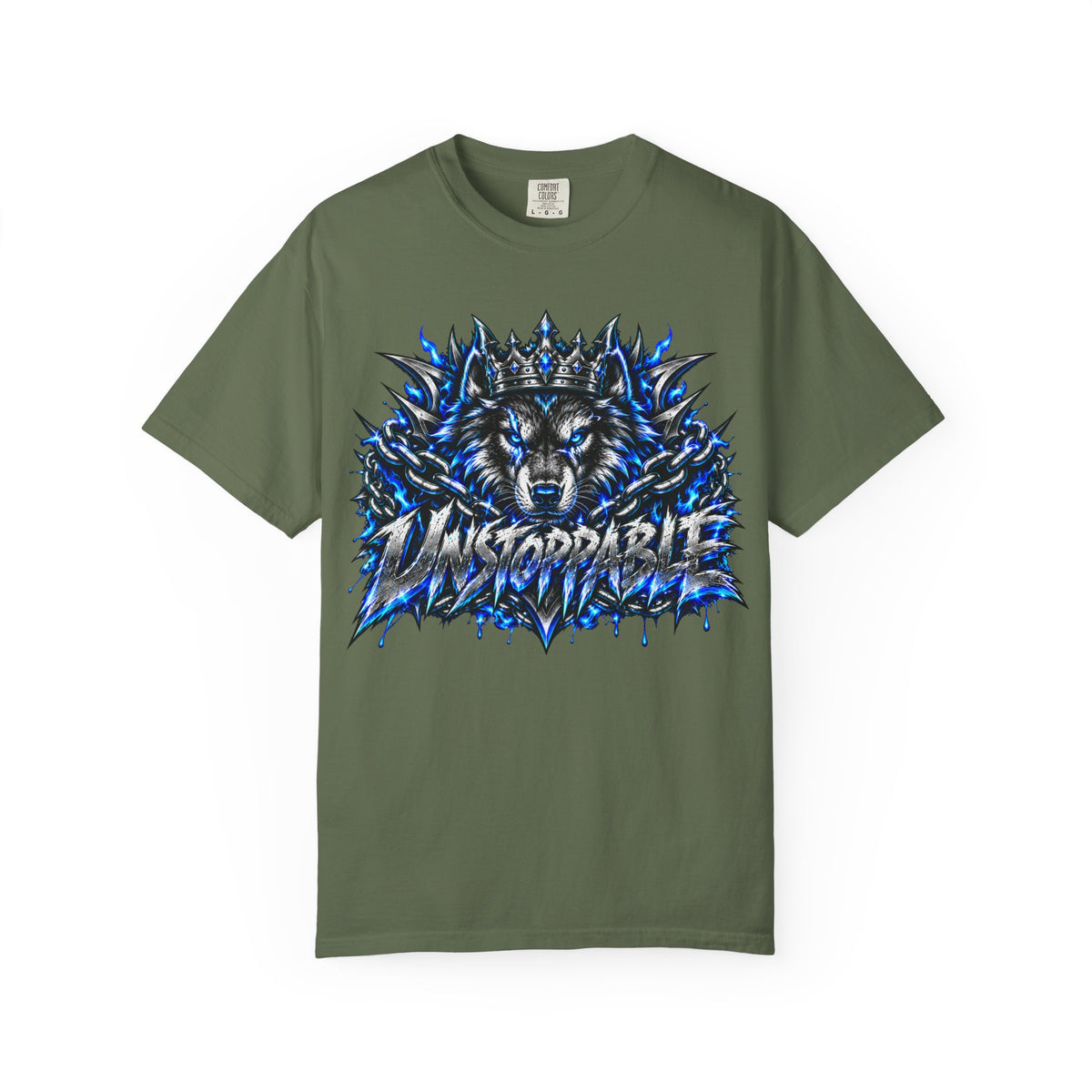 Wolf 'Unstoppable' Graphic Tee — Bold Blue Crowned Wolf Shirt