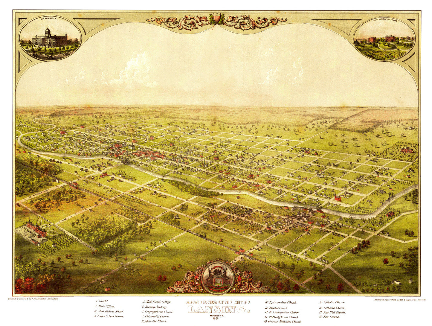 Vintage Map of Lansing, Michigan 1866