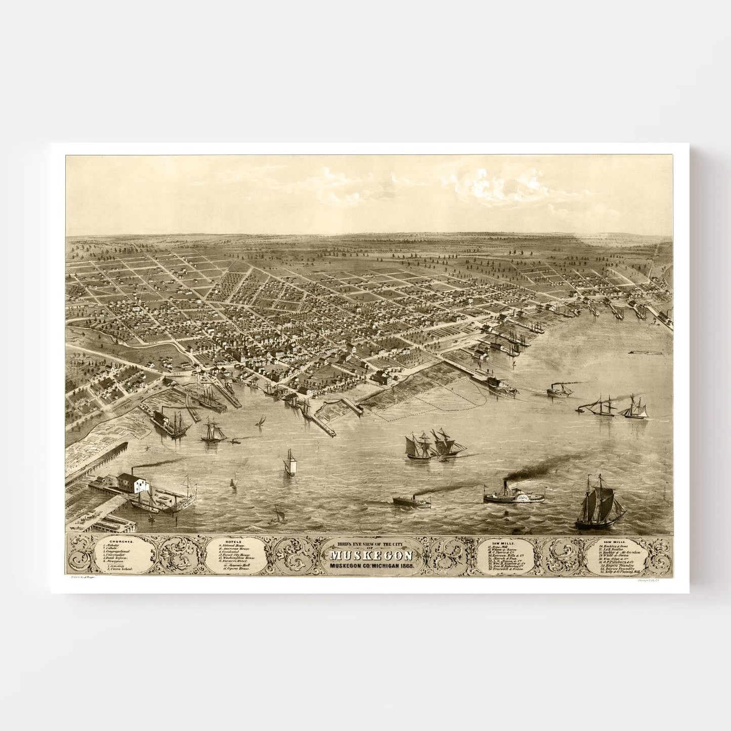 Vintage Map of Muskegon, Michigan 1868