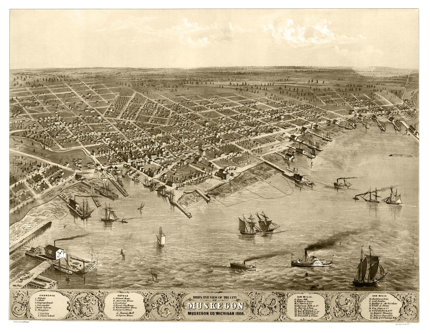 Vintage Map of Muskegon, Michigan 1868