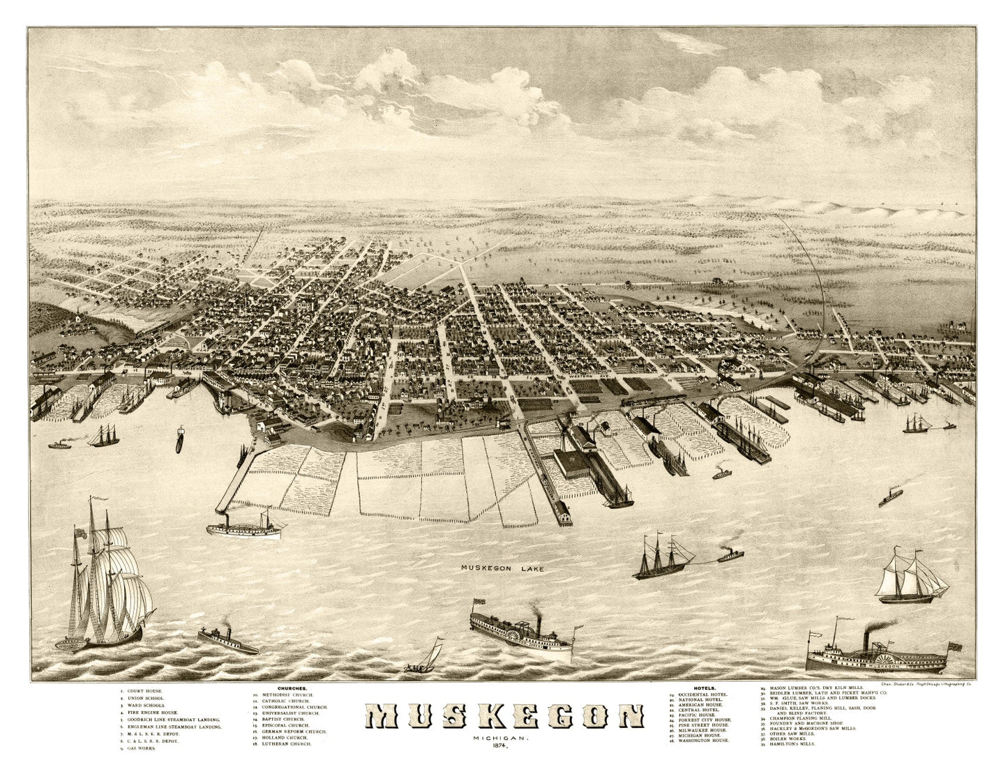 Vintage Map of Muskegon, Michigan 1874