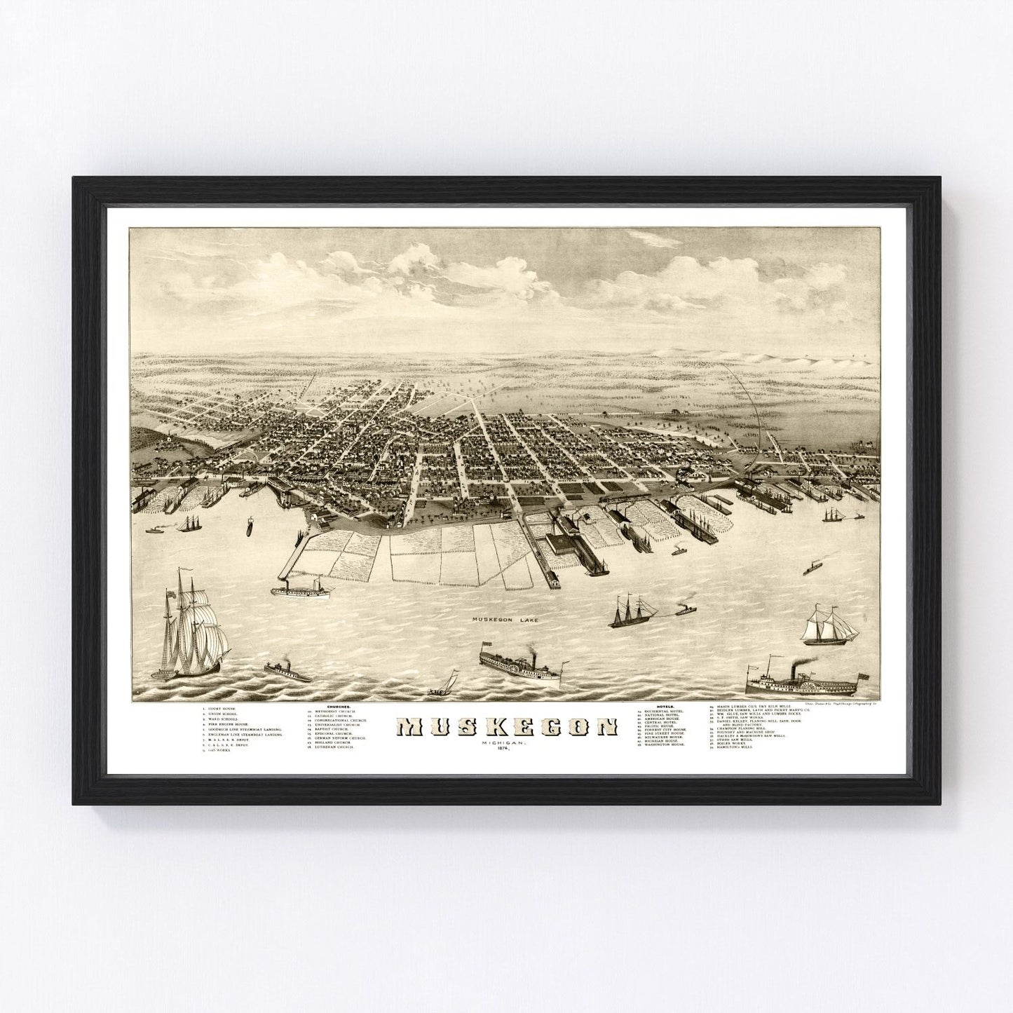 Vintage Map of Muskegon, Michigan 1874