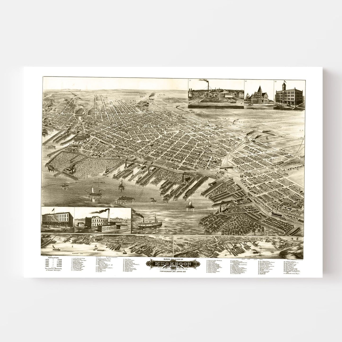Vintage Map of Muskegon, Michigan 1889