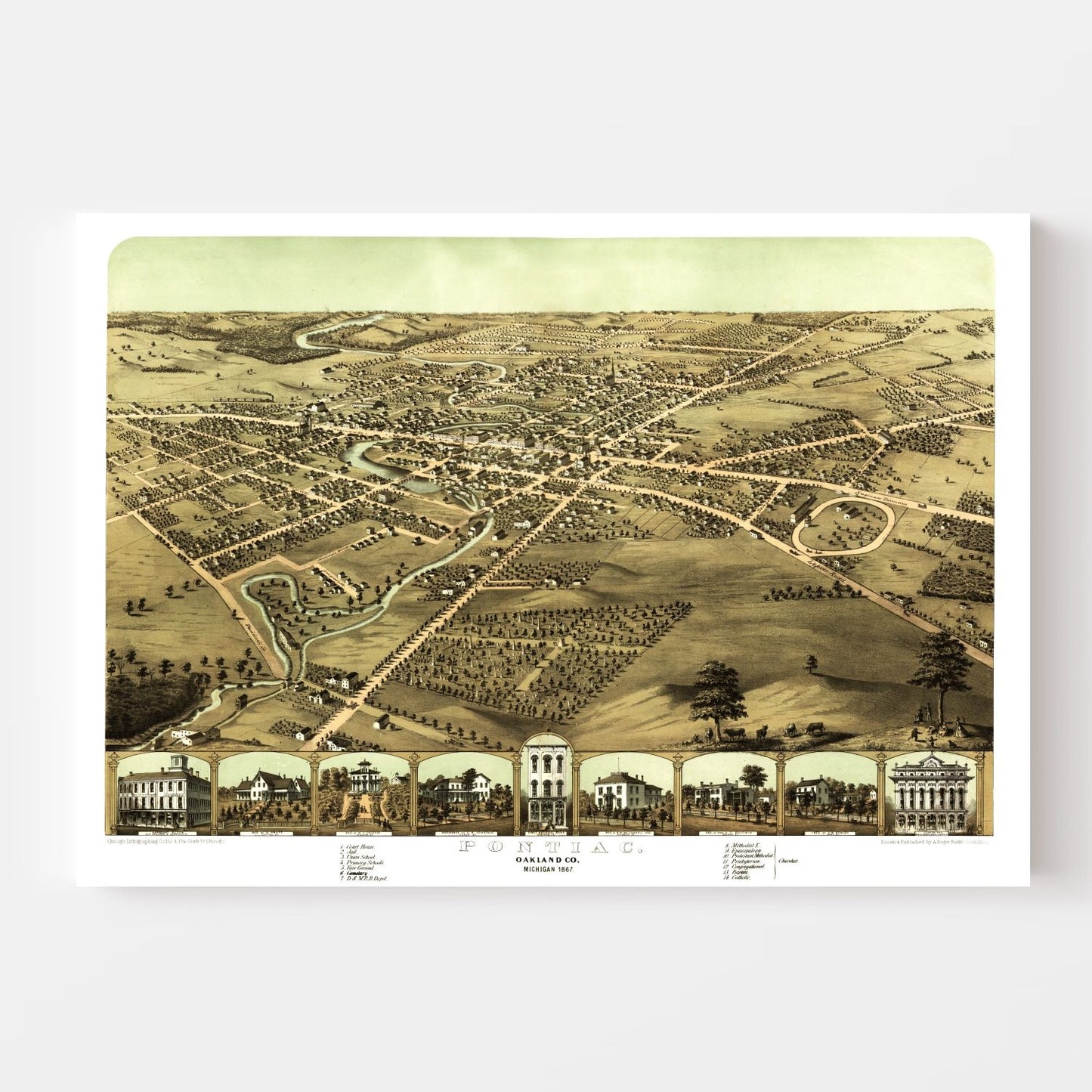Vintage Map of Pontiac, Michigan 1867