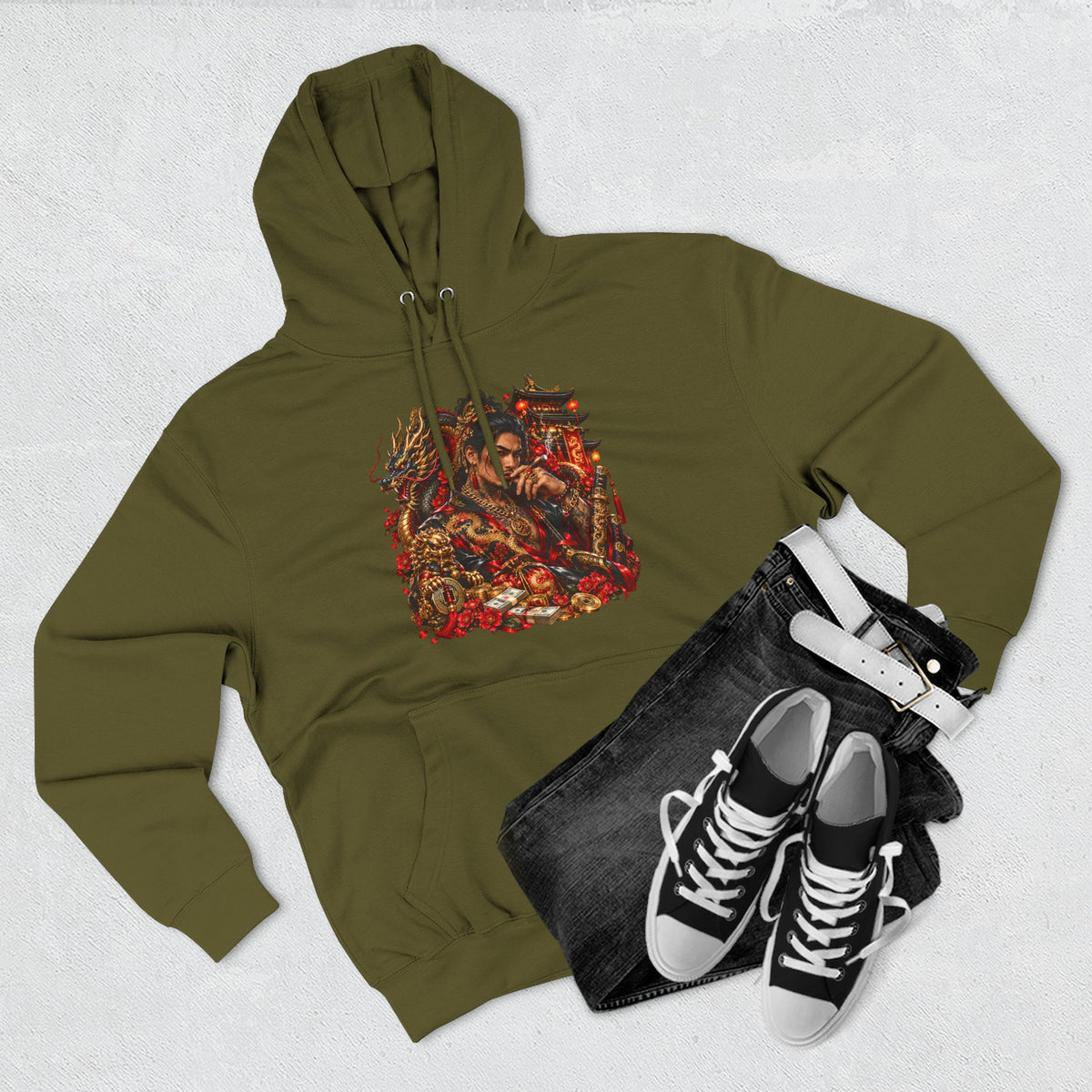 Dragon Battle Hoodie — Three-Panel Fleece Hooded Sweatshirt with Fiery Fantasy Artwork