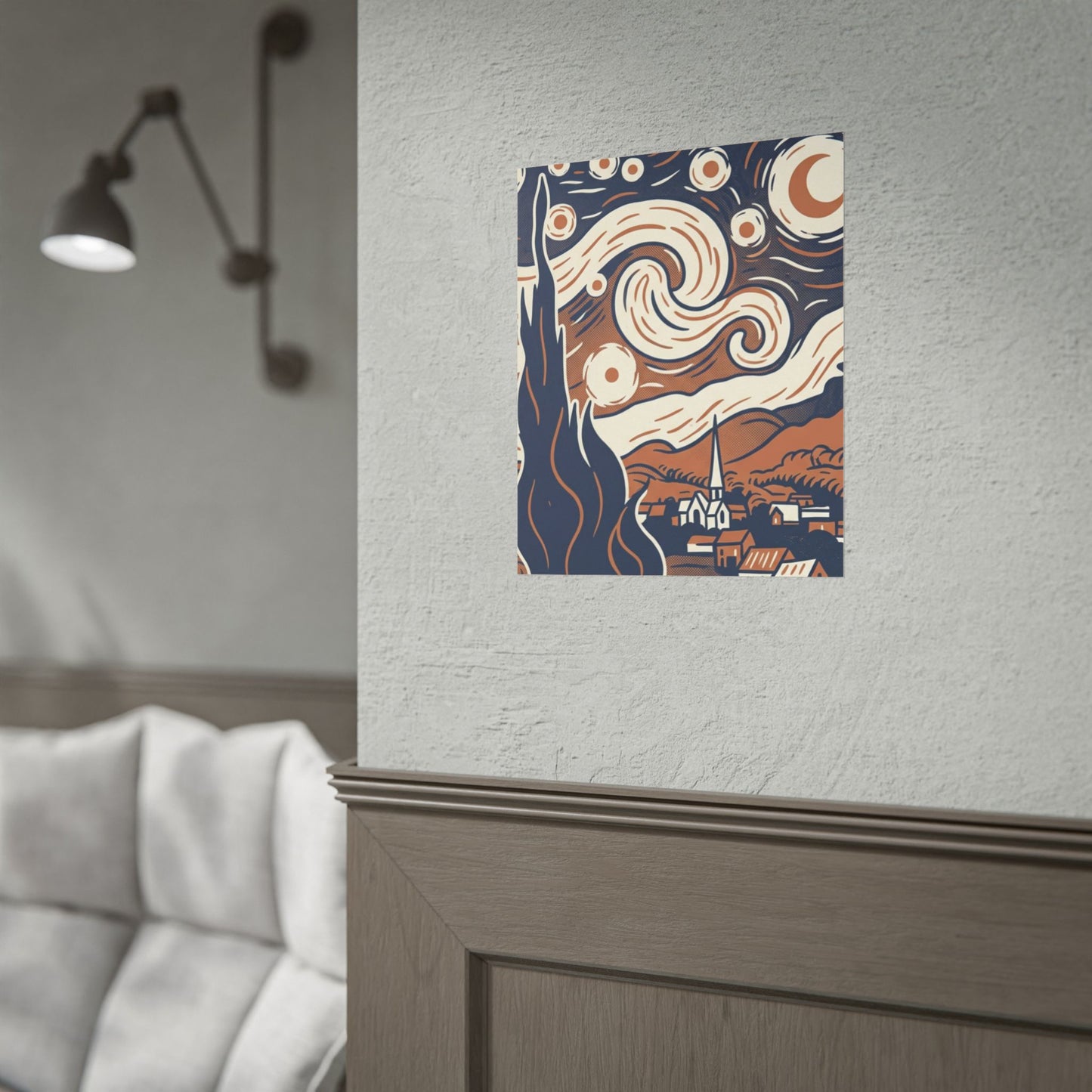 Starry Night-Inspired Rolled Poster — Vintage Blue & Tan Landscape Art Print