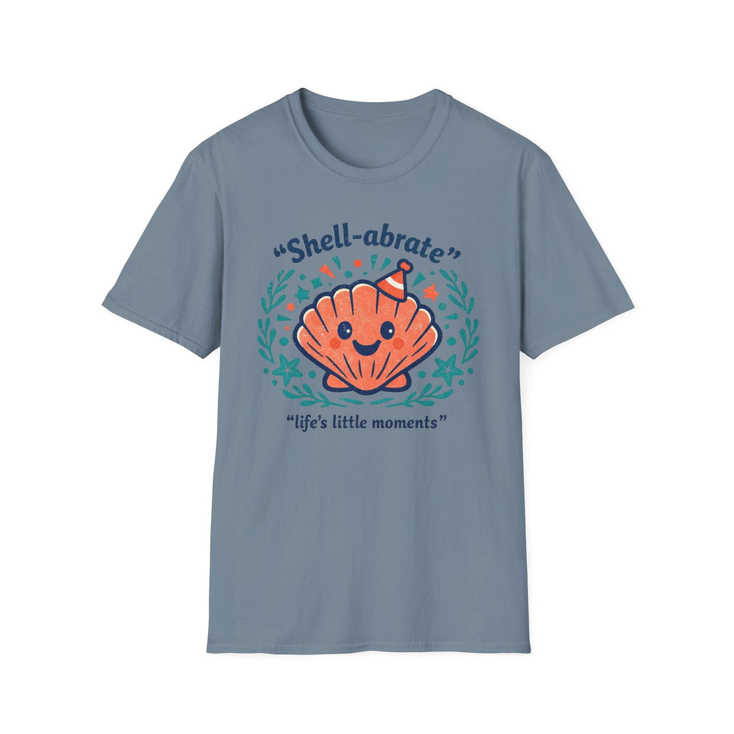 Shell-abrate Happy Seashell T-Shirt — "life's little moments" Cute Beach Graphic Tee