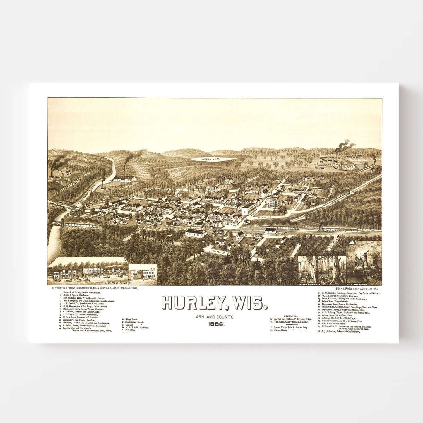 Vintage Map of Hurley, Wisconsin 1886
