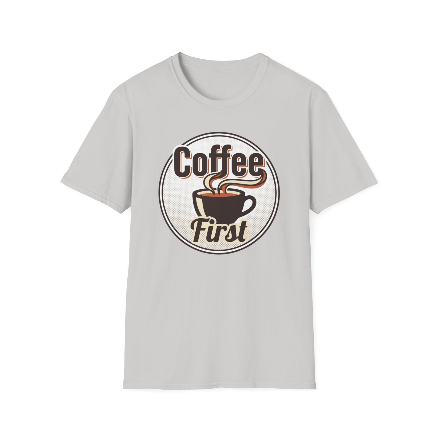 Coffee First T-Shirt — Retro Coffee Cup Graphic Tee for Coffee Lovers