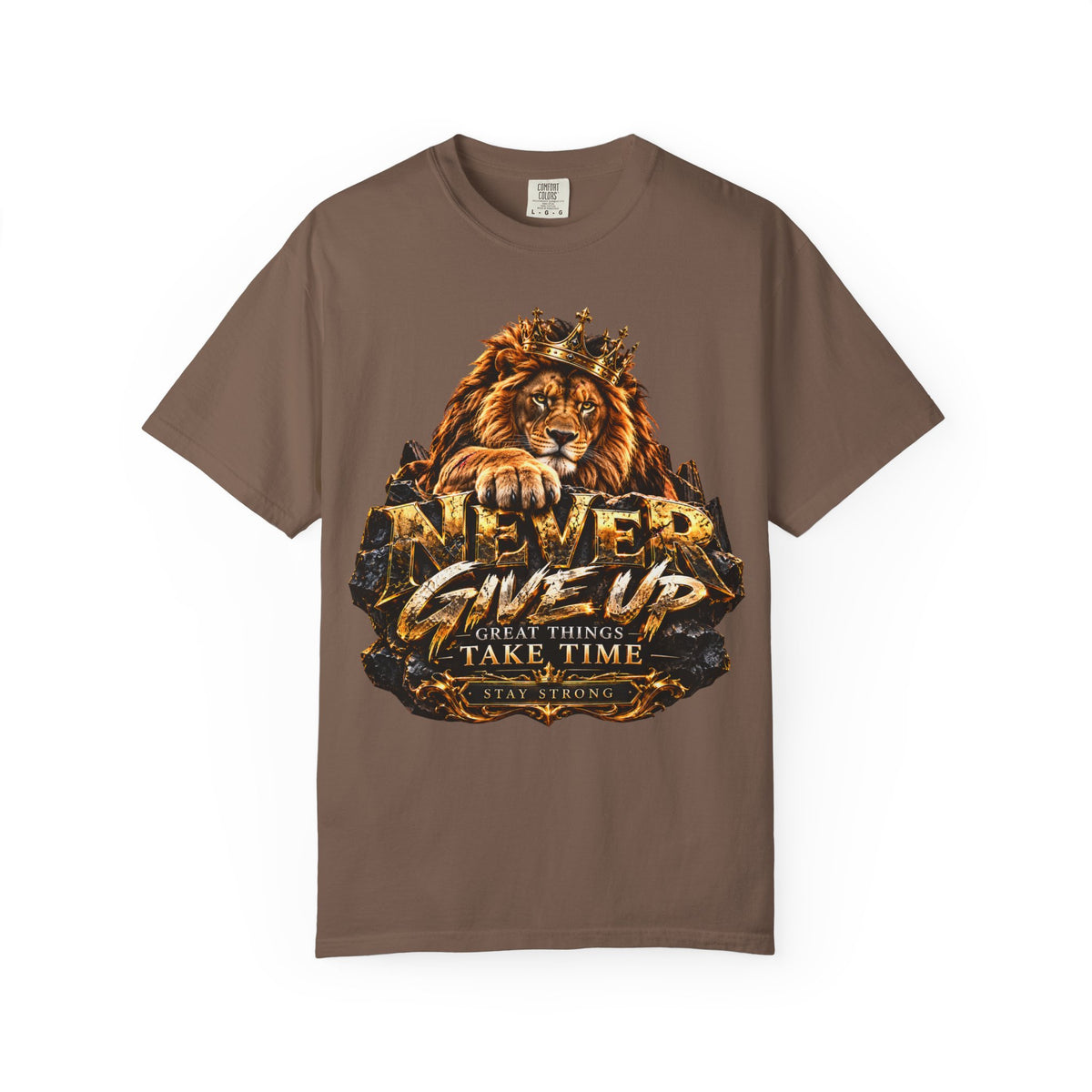 Lion Graphic T-Shirt — "Never Give Up: Great Things Take Time" Motivational Tee