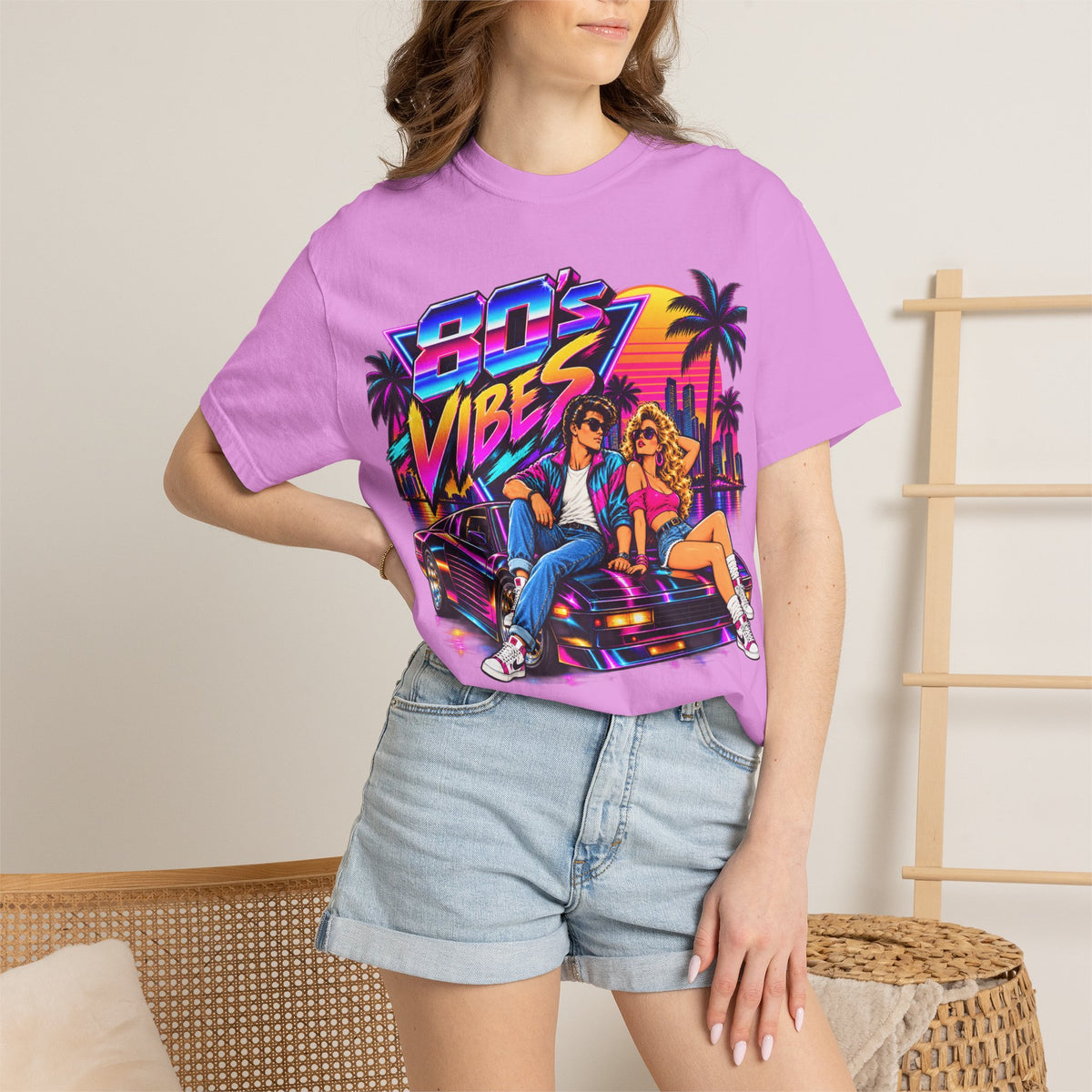 80s Vibes retro car scene T-shirt | neon palm sunset