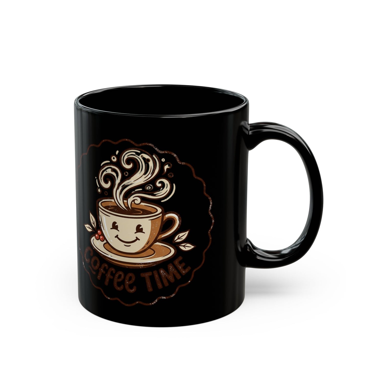 Coffee Time Black Mug – Cute Smiling Coffee Cup Ceramic Mug (11oz, 15oz)