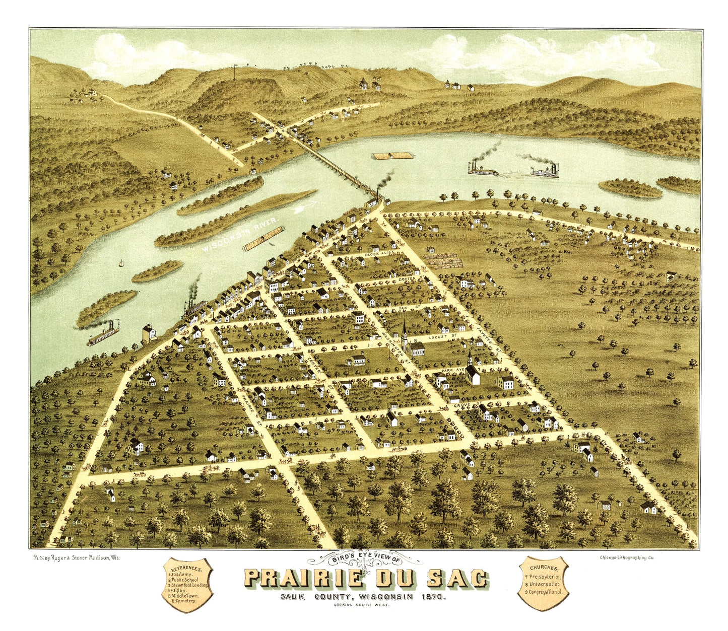 Vintage Map of Prairie du Sac, Wisconsin 1870