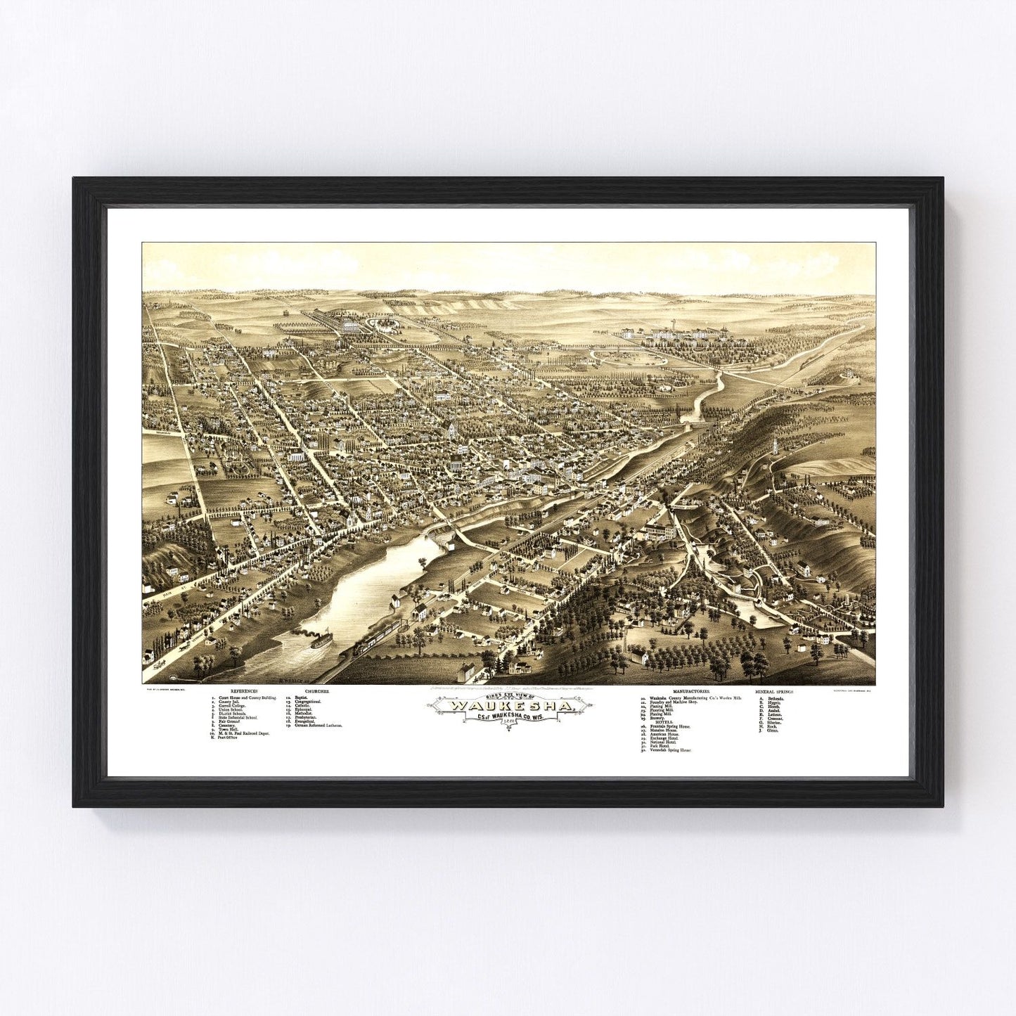 Vintage Map of Waukesha, Wisconsin 1880