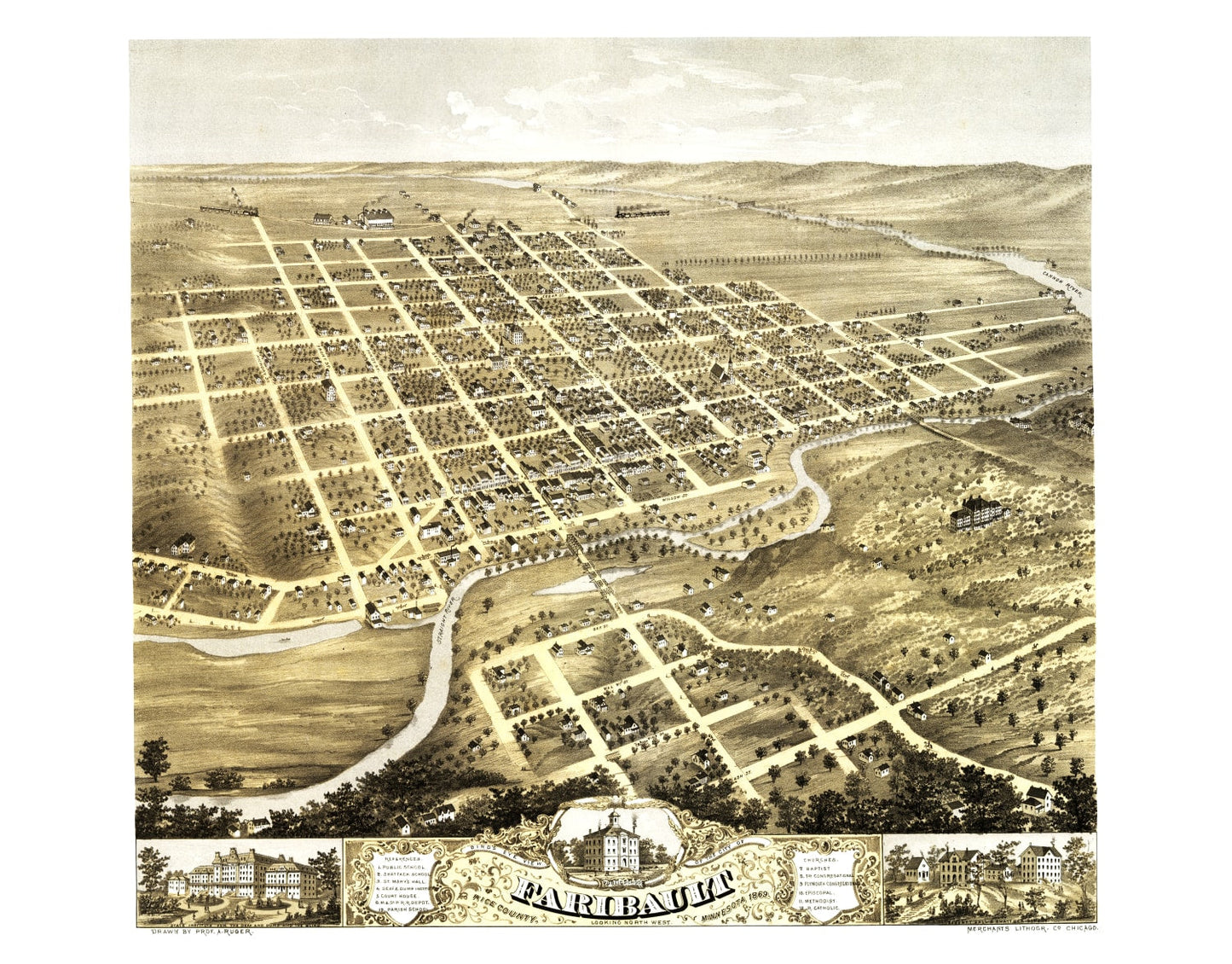Vintage Map of Faribault, Minnesota 1869