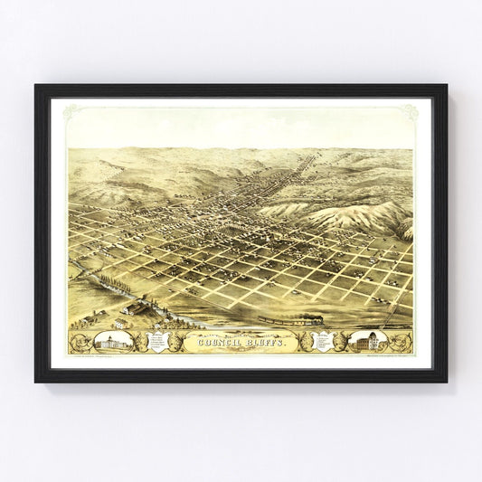 Vintage Map of Council Bluffs, Iowa 1868