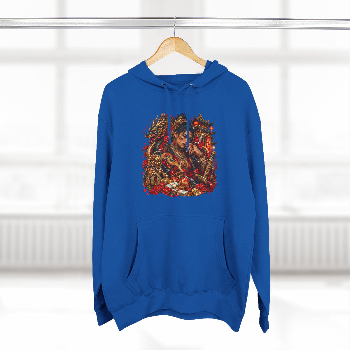 Dragon Battle Hoodie — Three-Panel Fleece Hooded Sweatshirt with Fiery Fantasy Artwork