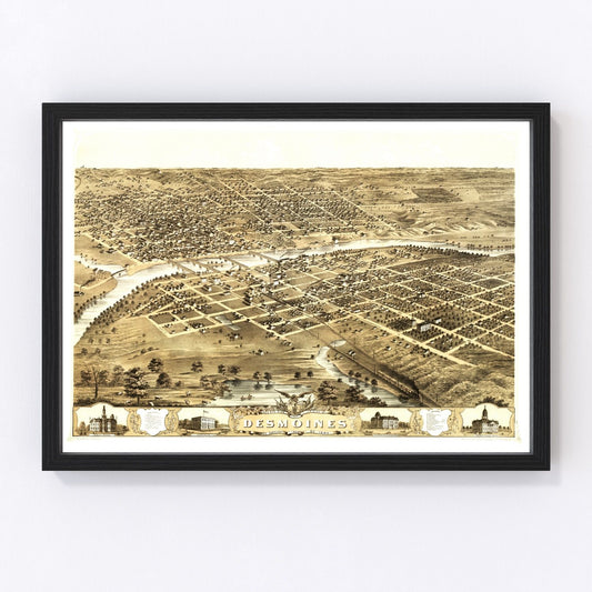 Vintage Map of Des Moines, Iowa 1868