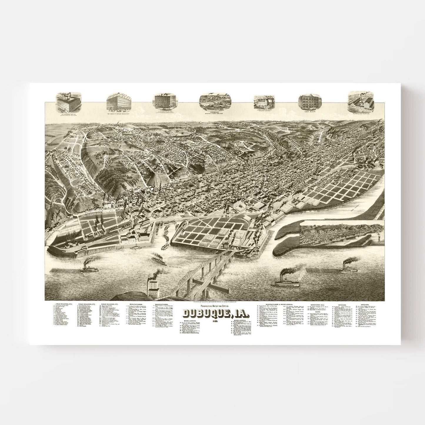 Vintage Map of Dubuque, Iowa 1889