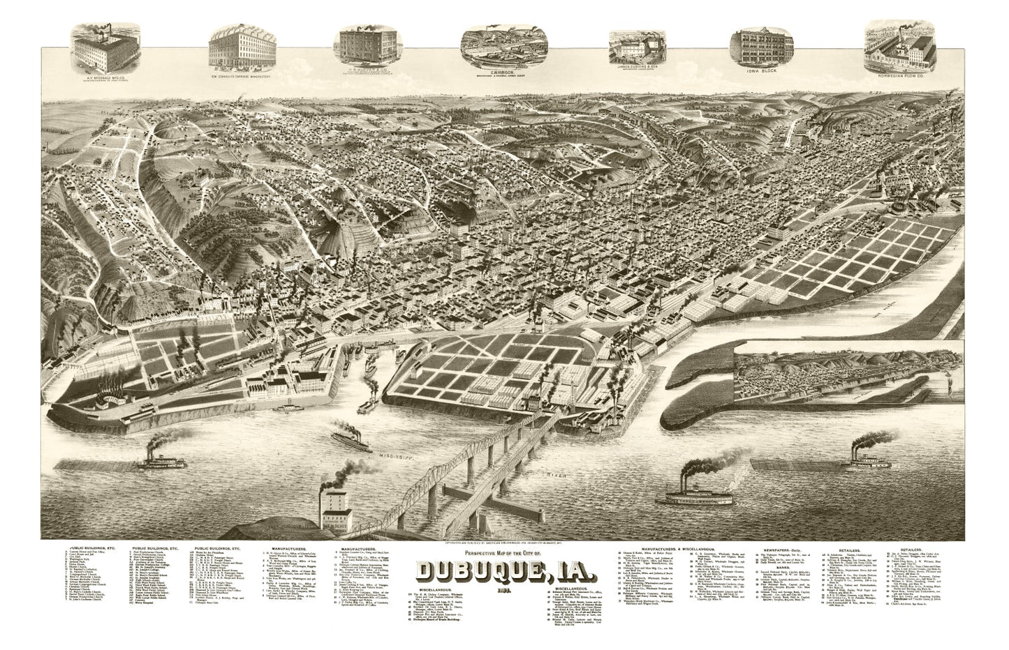 Vintage Map of Dubuque, Iowa 1889