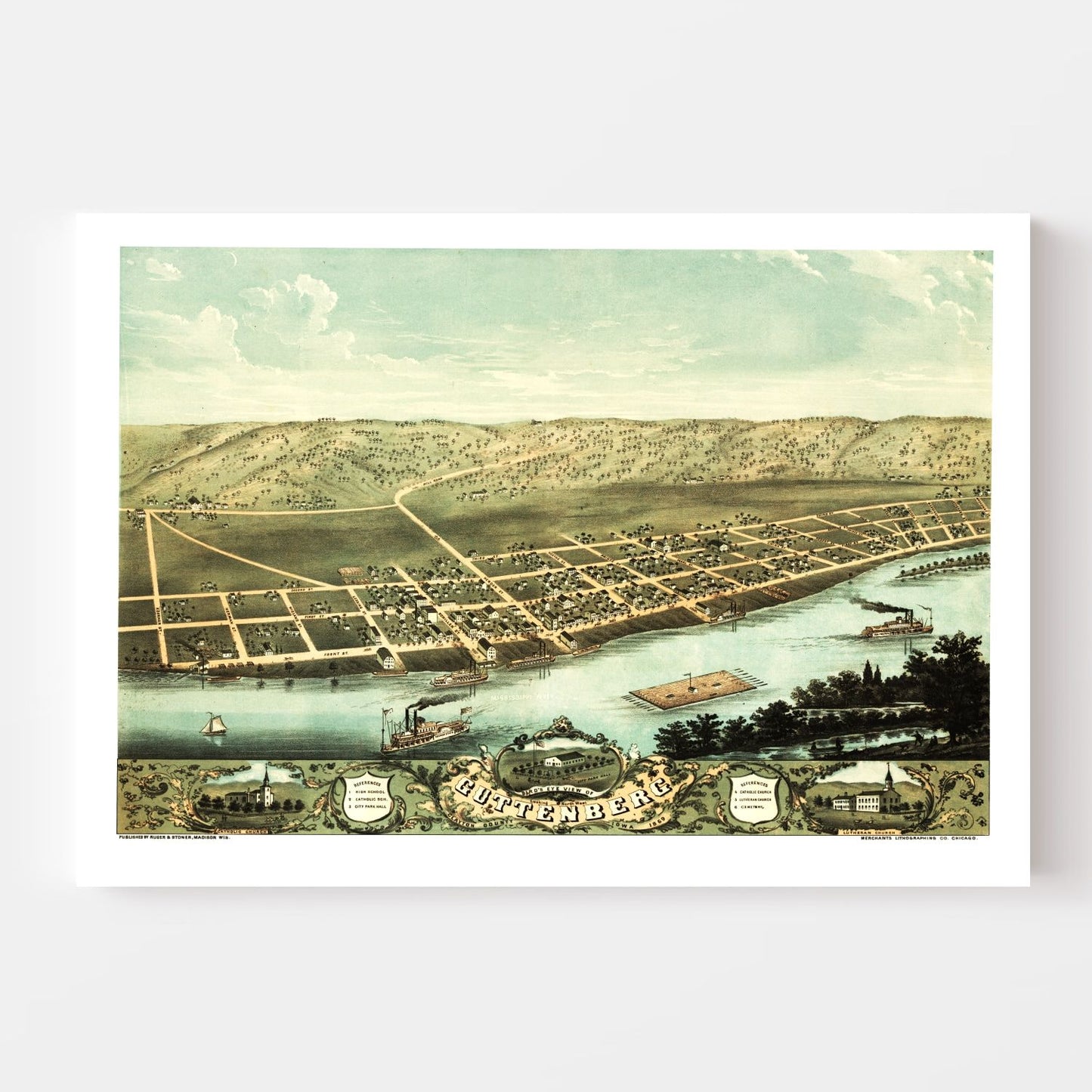 Vintage Map of Guttenberg, Iowa 1869