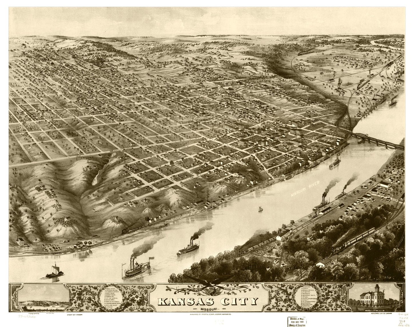 Vintage Map of Kansas City, Missouri 1869