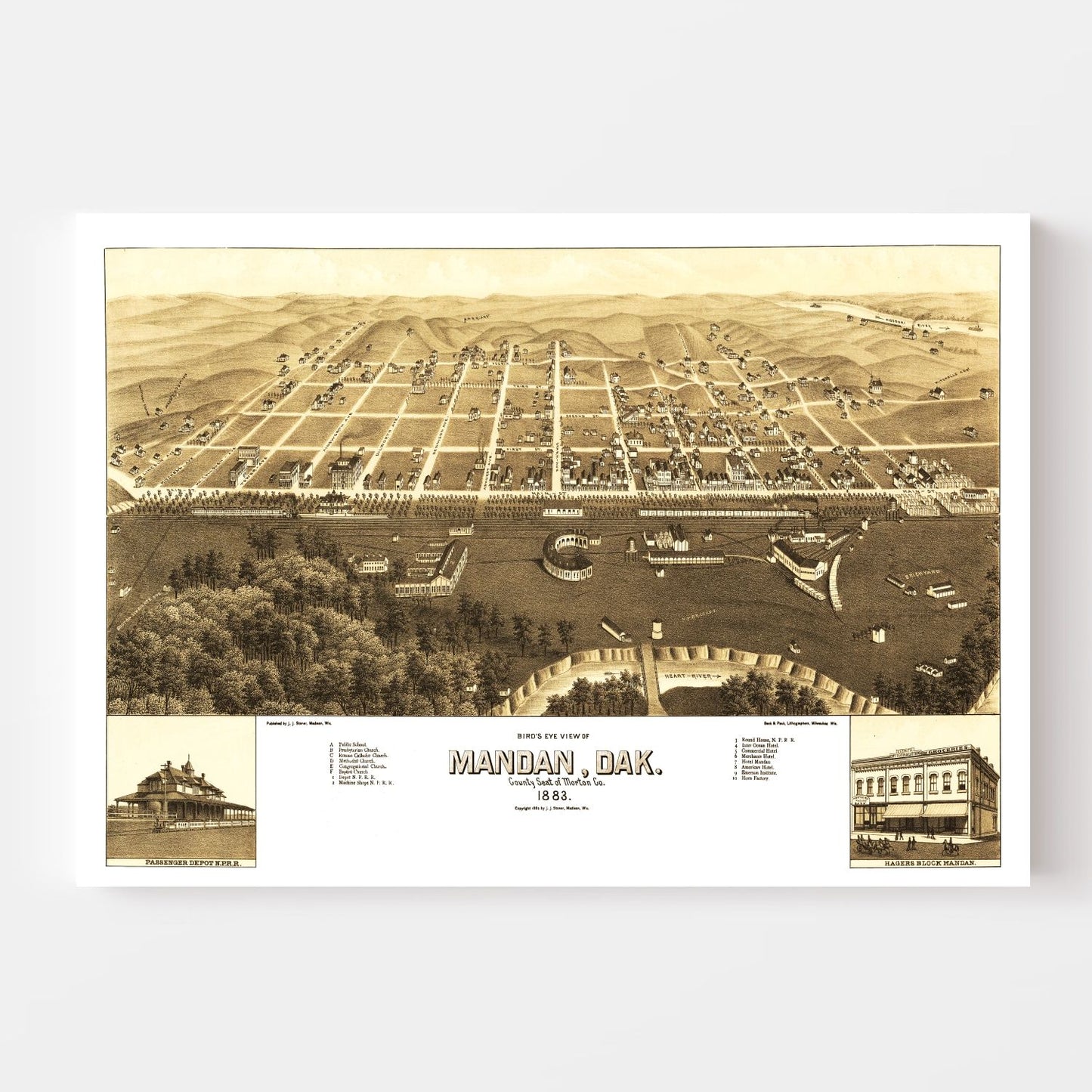 Vintage Map of Mandan, North Dakota 1883