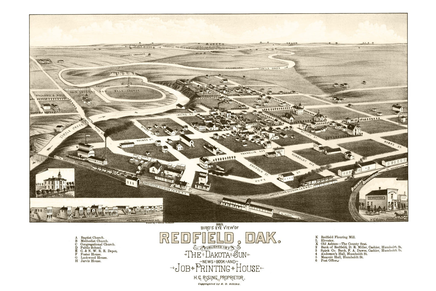 Vintage Map of Redfield, South Dakota 1883